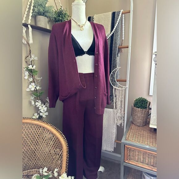 Vintage Marie St John Knit Burgundy 2 Piece Cardigan Pant Set - Picture 2 of 16